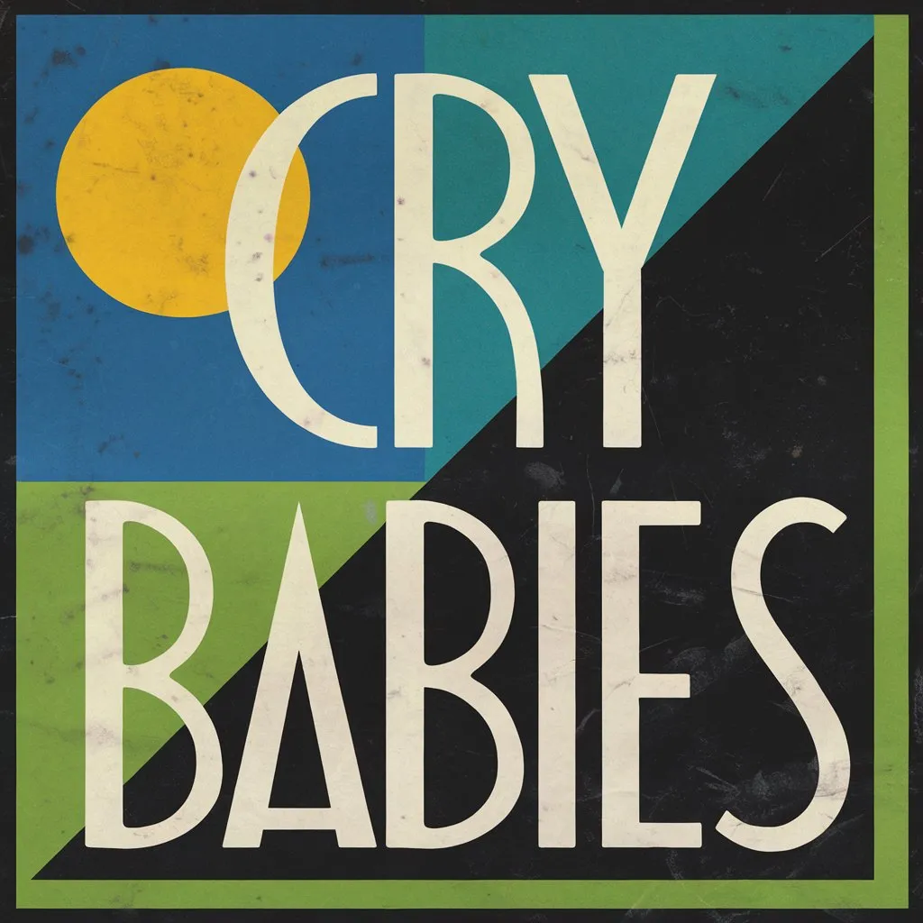 Graphic poster reading Cry Babies in tall cream letters over blue, teal, lime, and black geometry
