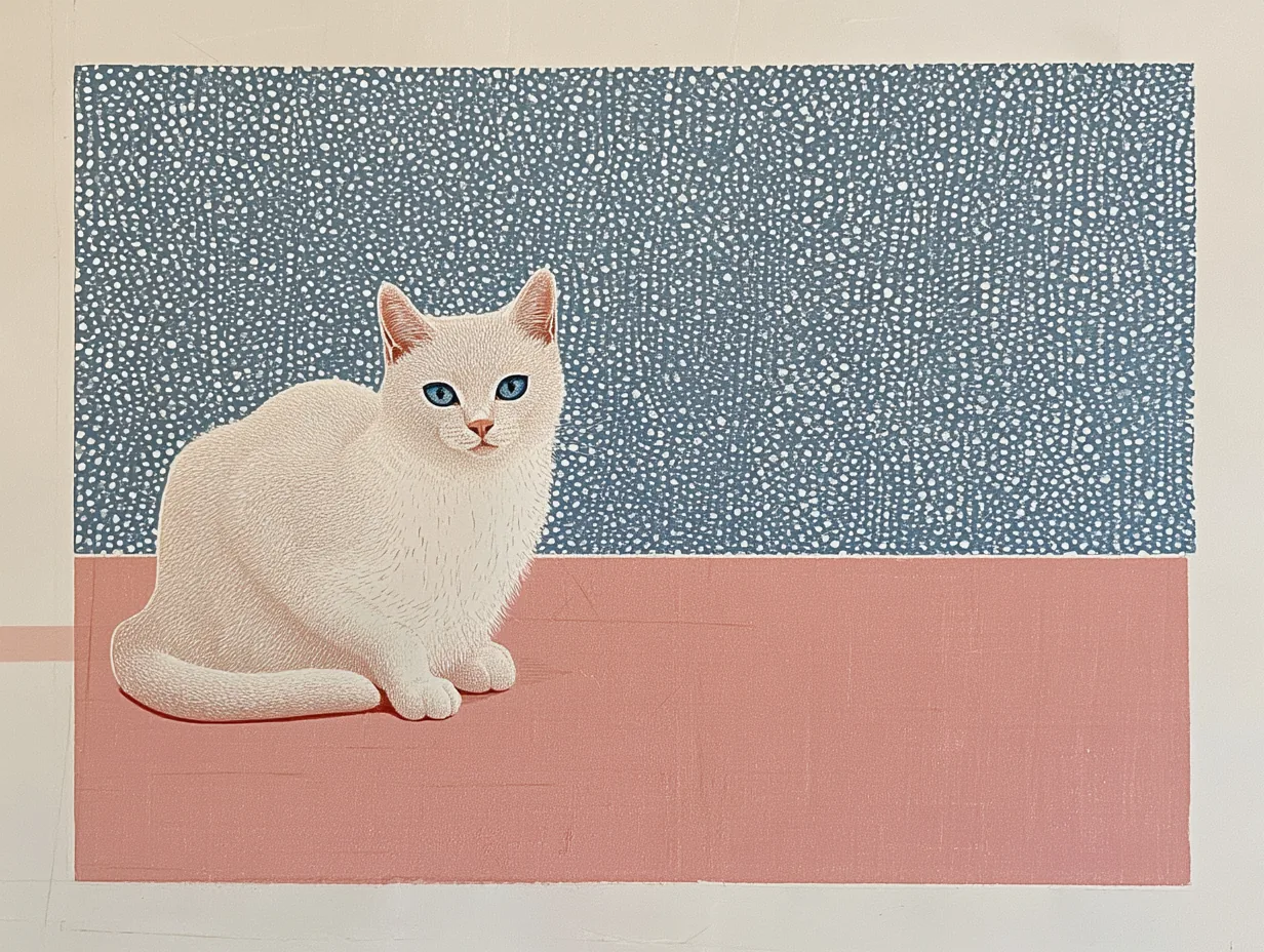 A small white cat sits on a coral floor beneath a large blue stippled field.