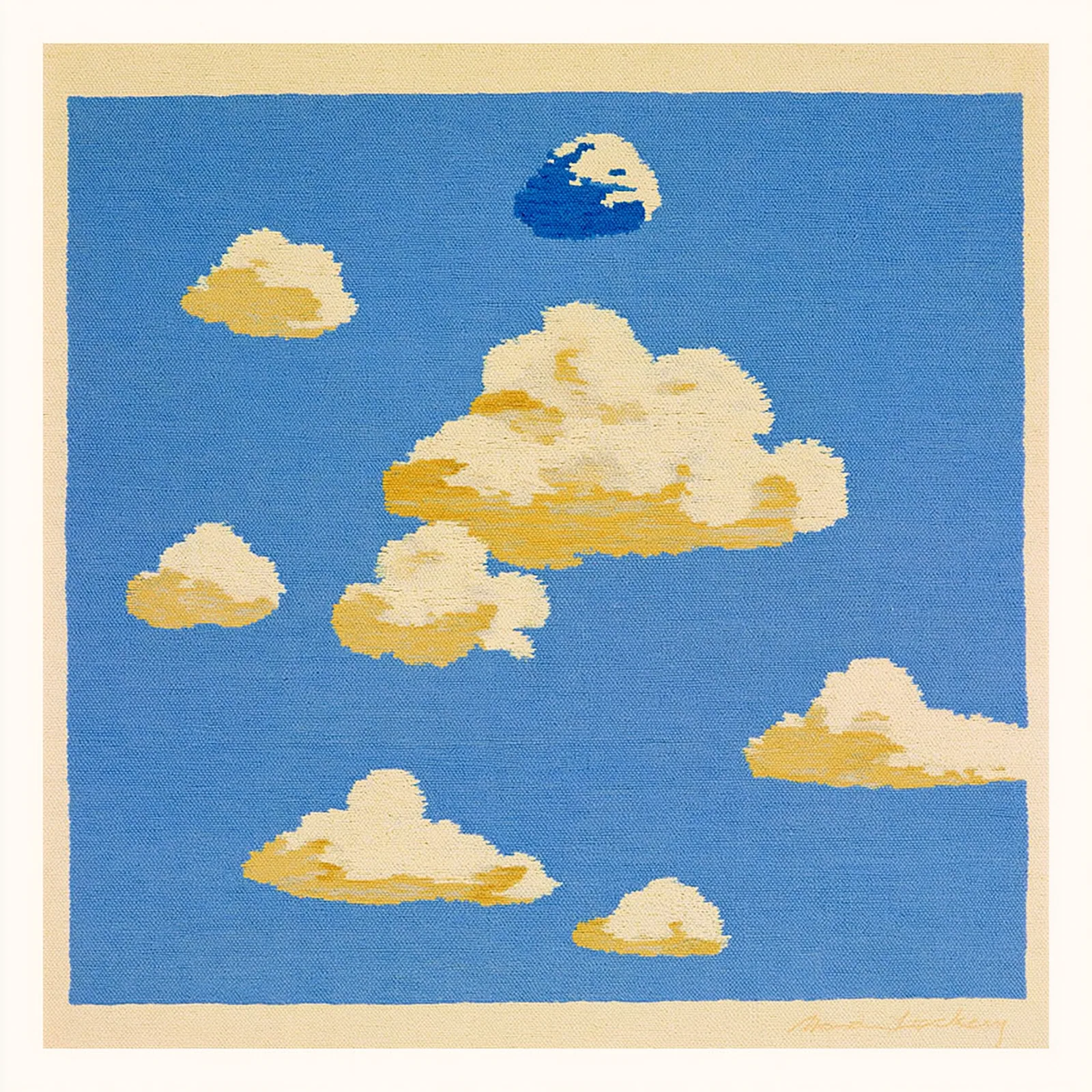 Golden paper-textured clouds drift across a broad field of clear blue.