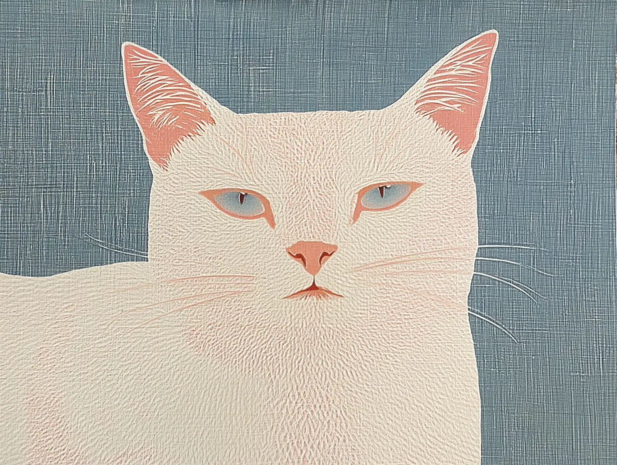 A pale cat faces forward against a muted blue field.