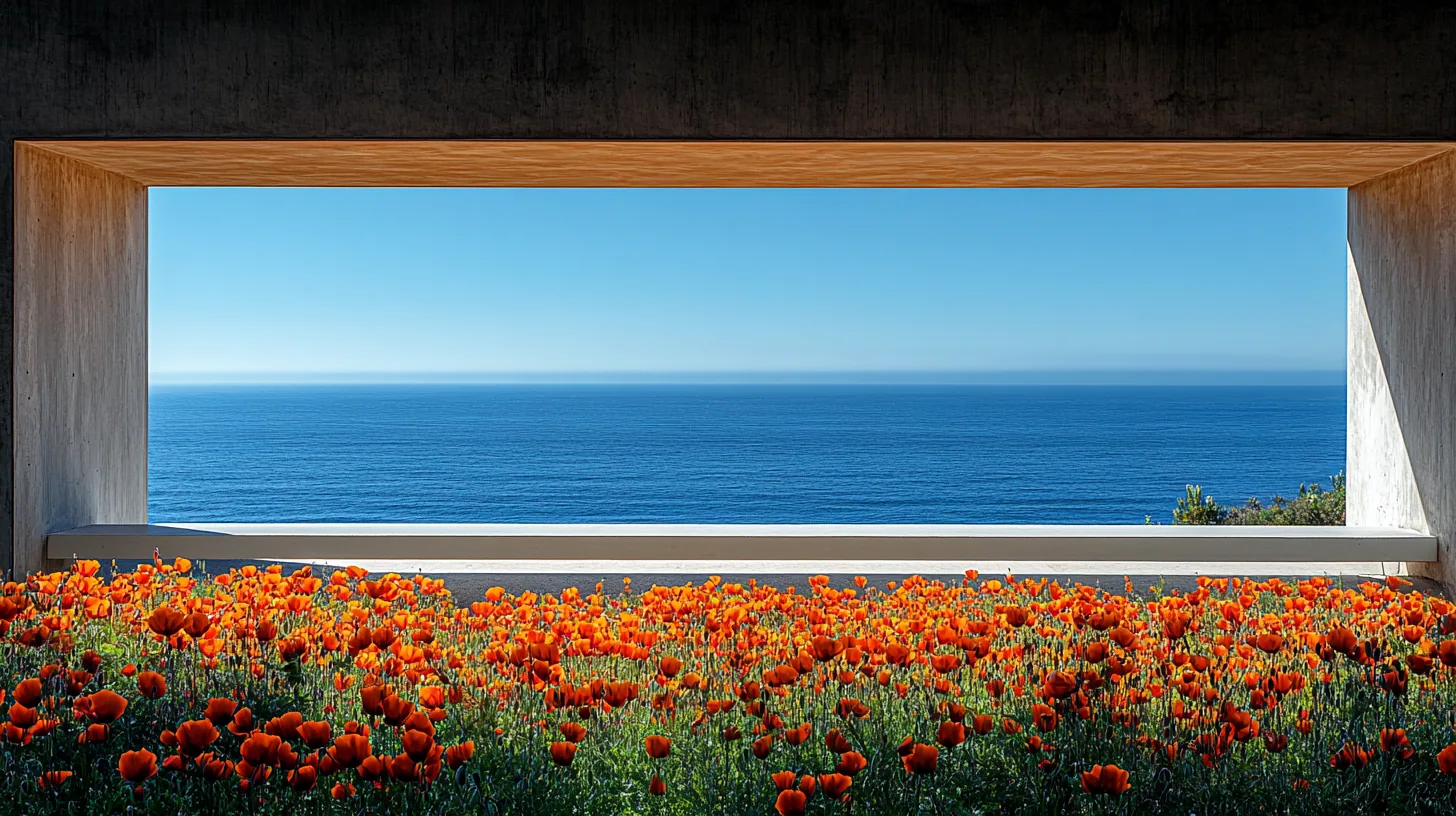 A calm blue ocean horizon appears through a dark architectural opening above a field of red flowers.