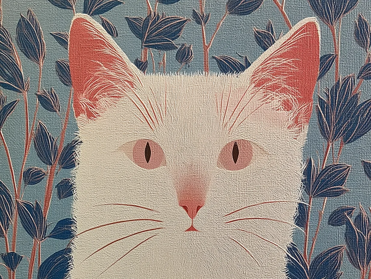 A pale cat fills the frame between dark blue leaves.