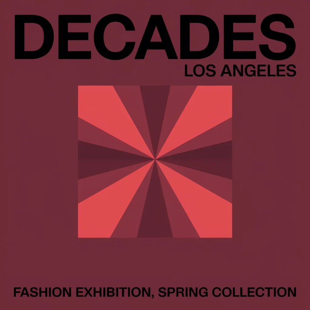 Burgundy Los Angeles exhibition poster with black Decades title and a red geometric sunburst