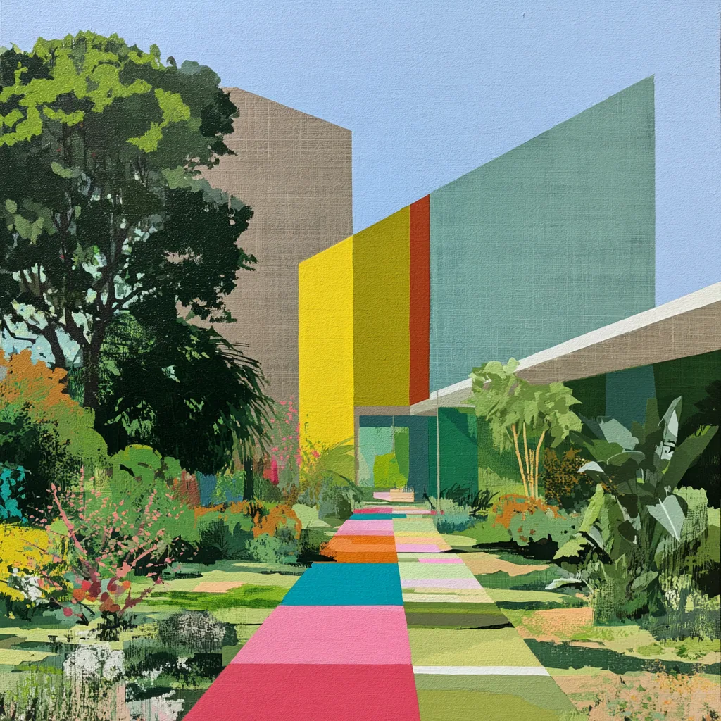 A bright geometric walkway leads through a lush modern garden toward blocks of yellow, red, and green.