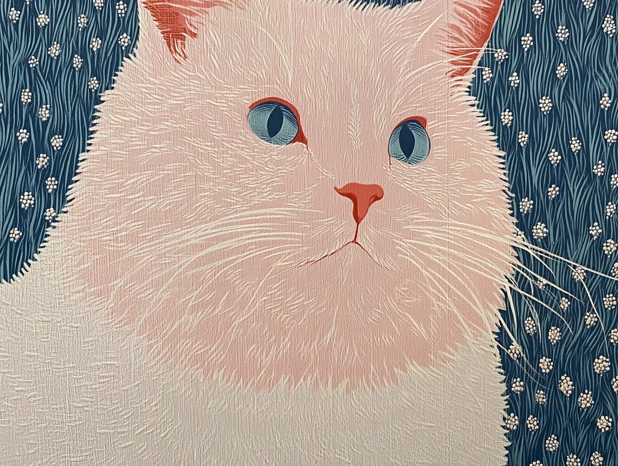 A fluffy white cat with blue eyes sits beside a dark blue floral pattern.