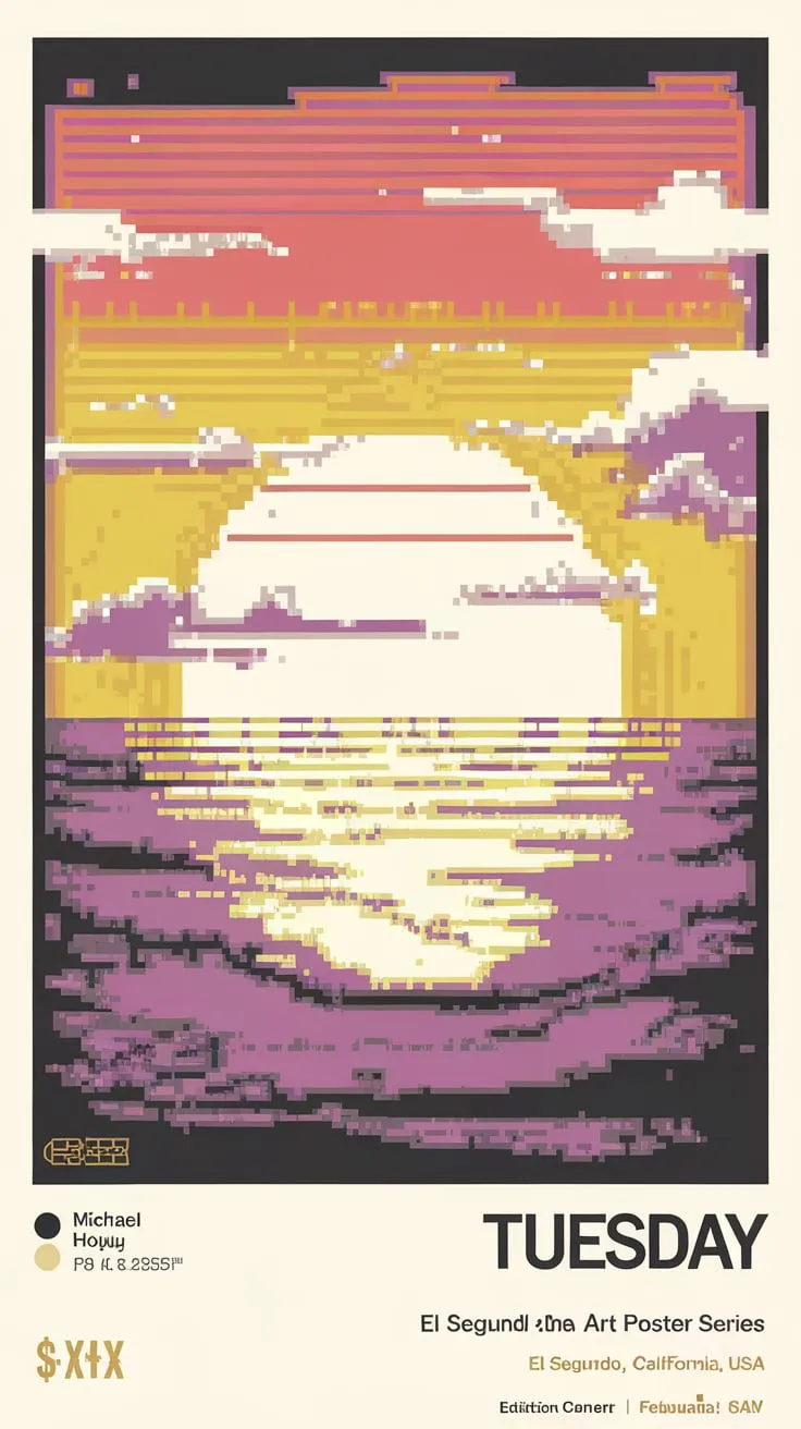 Tall retro pixel-art poster of a yellow and lavender sunset labeled Tuesday and El Segundo