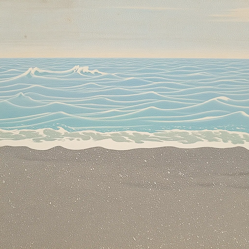 Delicate pale-blue line waves meet an empty gray shore beneath a quiet cream sky.