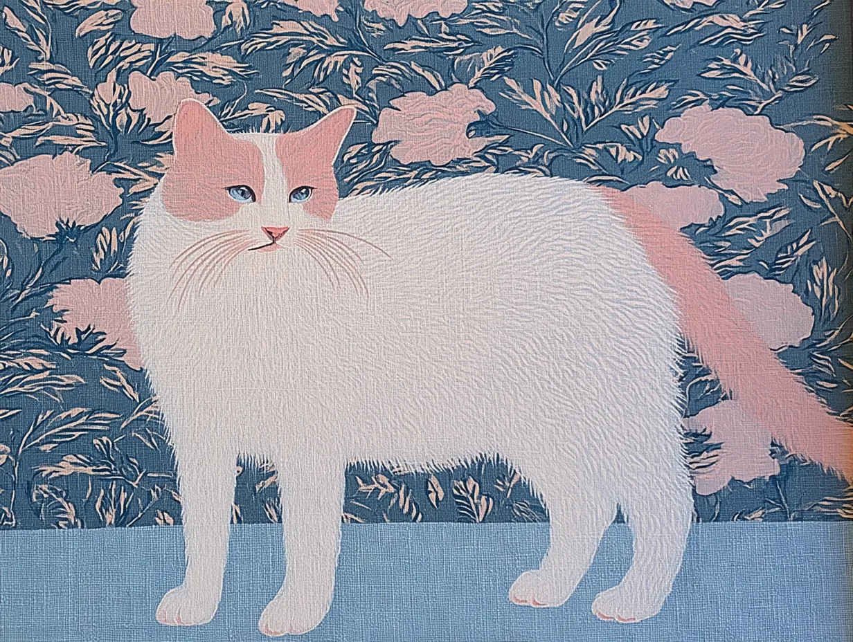 A pale cat stands against a dense blue floral field.