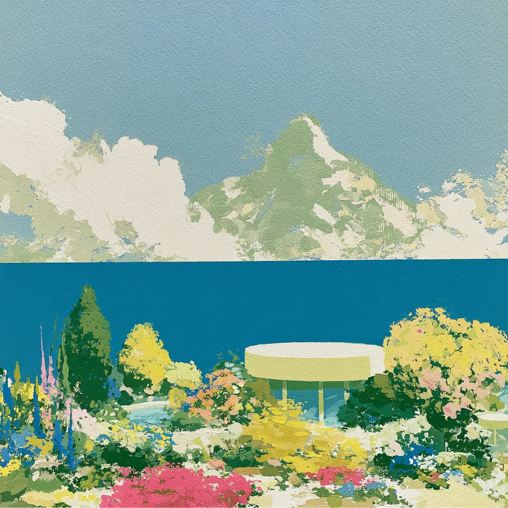 A saturated coastal garden surrounds a round white shelter with blue water and pale mountains beyond.