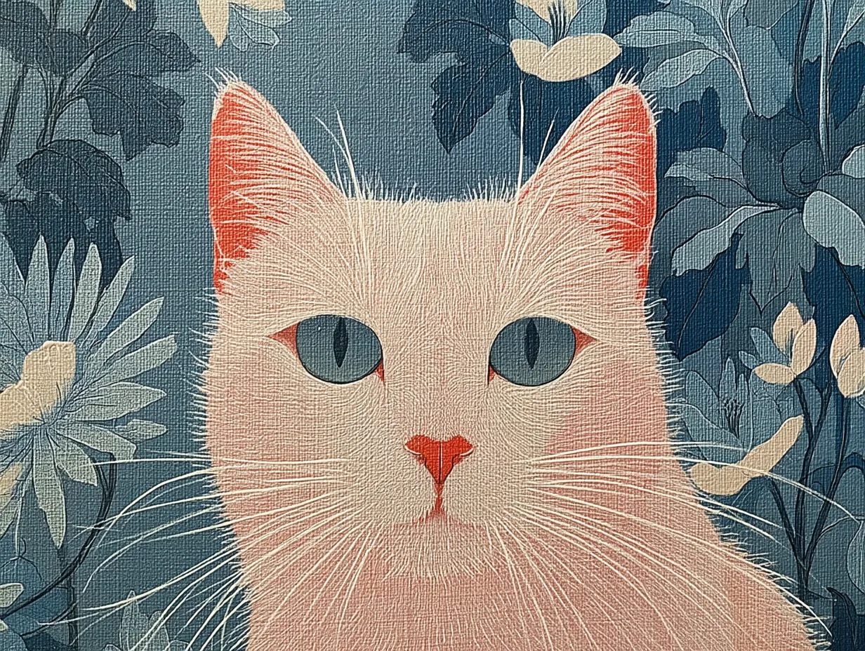A pale cat faces forward among layered blue and cream leaves.