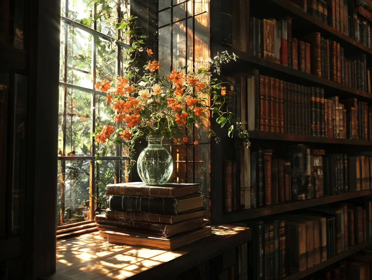 Orange flowers in a clear vase rest on old books beside a sunlit library window.