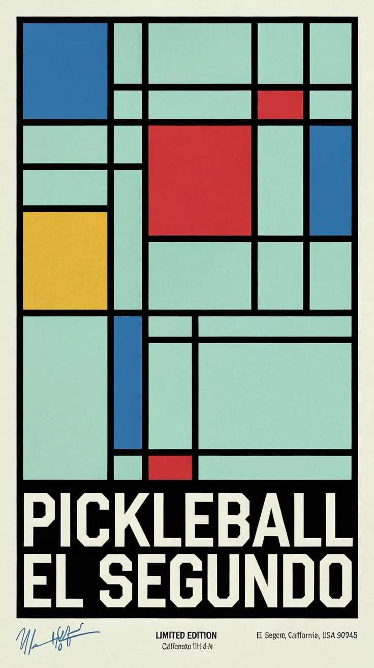 Tall geometric poster in pale green, red, yellow, and blue reading Pickleball El Segundo