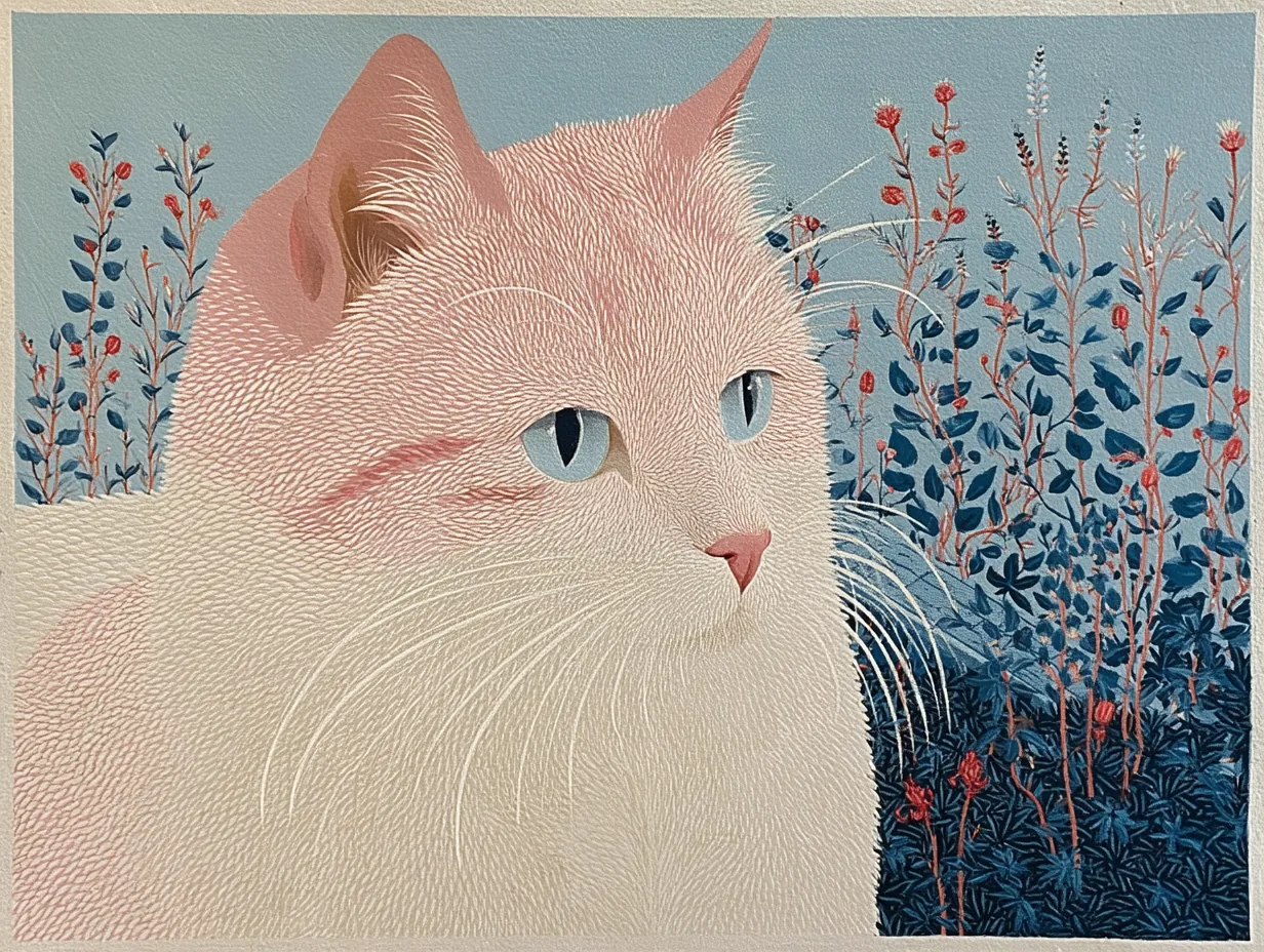 A pale cat turns to the right beside thin blue stems and red berries.