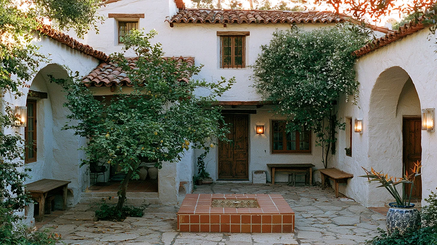 A serene white-arched courtyard holds trees, wooden benches, and a few warm evening lamps.
