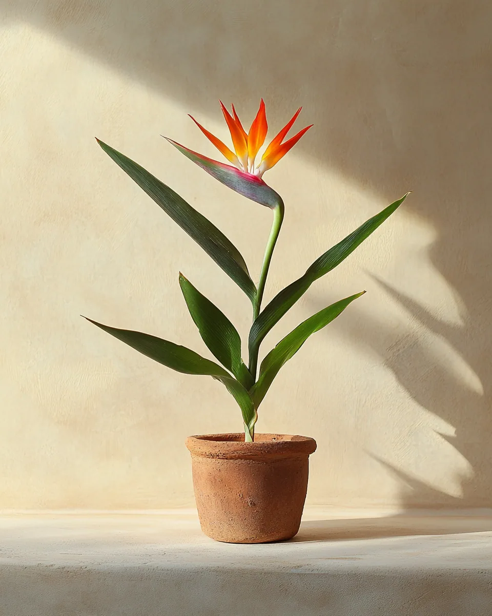 A single bird-of-paradise flower rises from a rough clay pot into a wide band of angled sunlight.