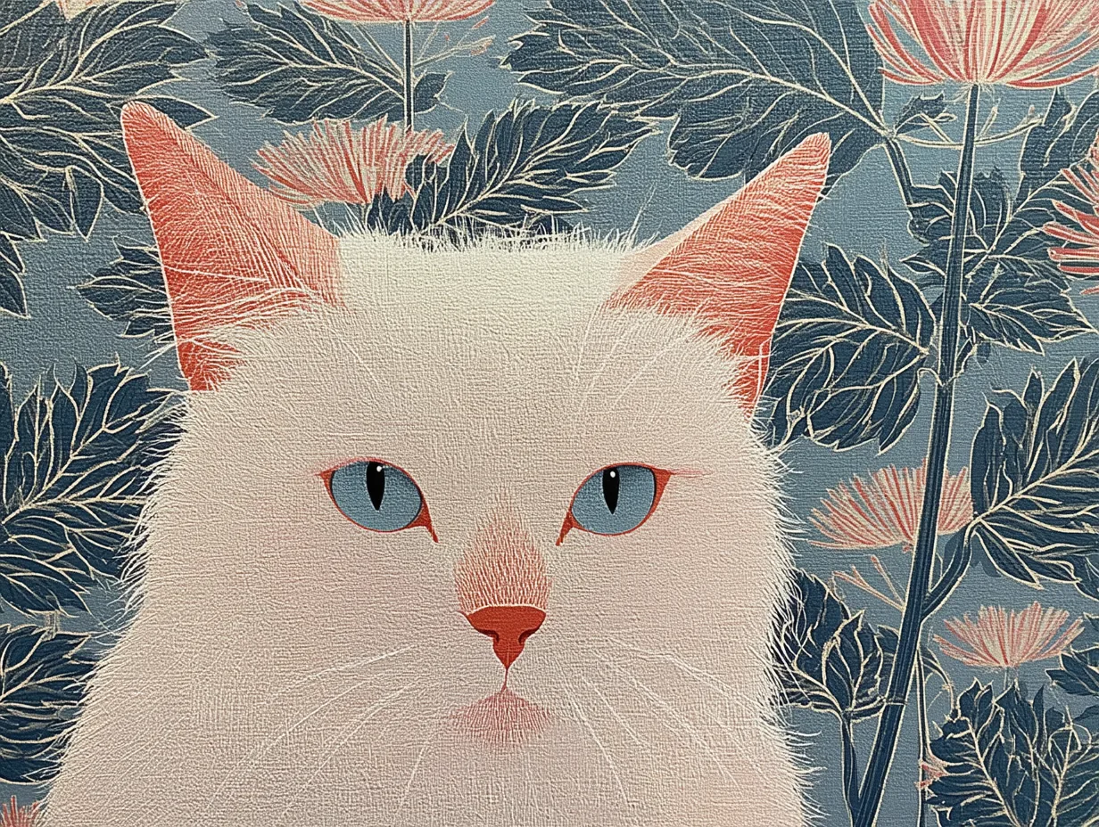 A white cat with blue eyes faces forward among large blue and coral flowers.