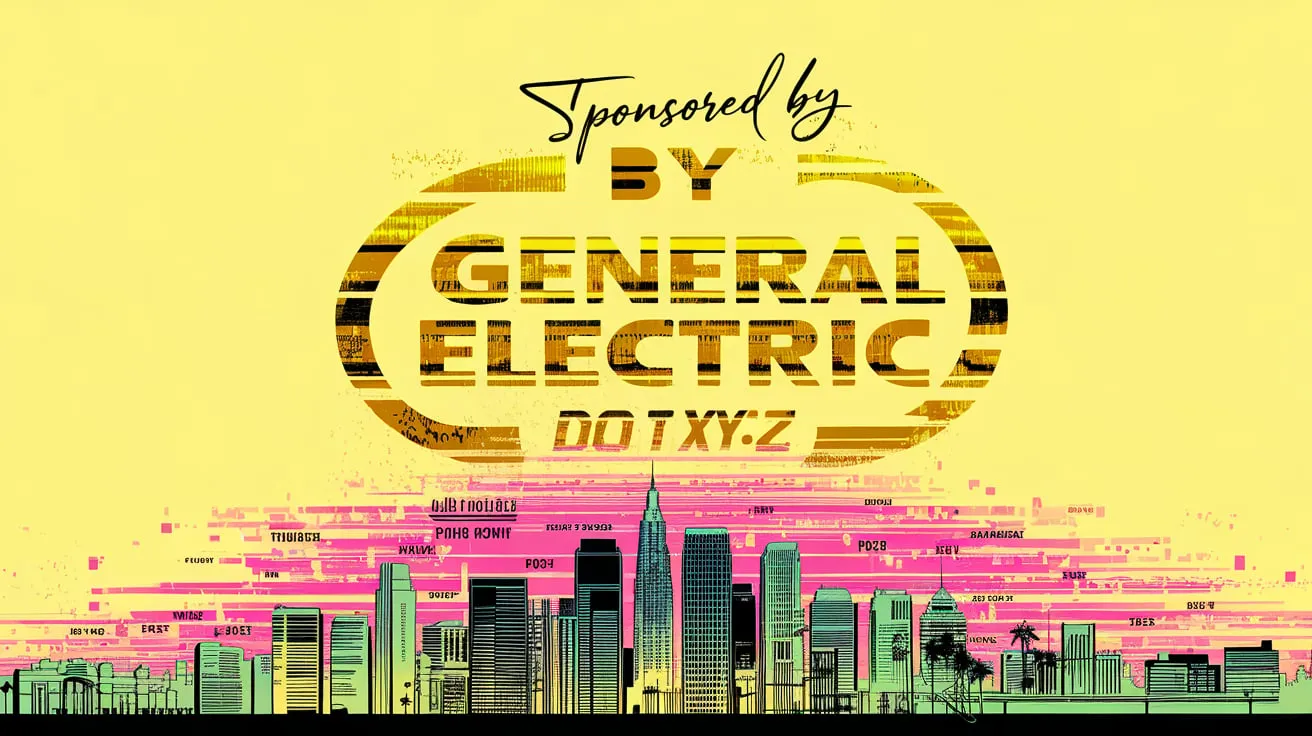 Wide yellow poster with a black-and-pink skyline and distorted General Electric sponsorship text