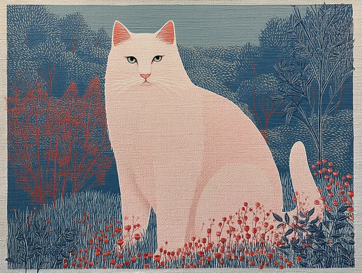 A white cat stands in a dark blue landscape with coral grasses.