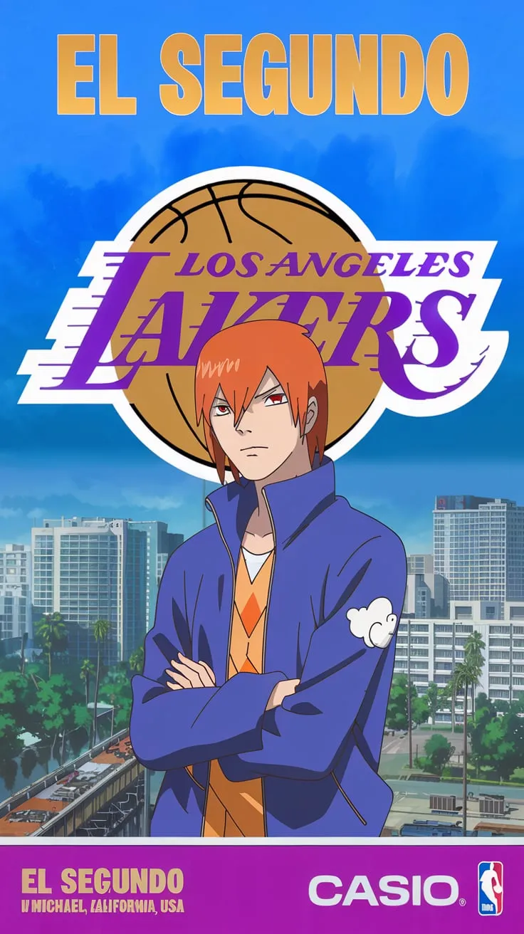Blue El Segundo basketball poster with an anime character standing before a Los Angeles skyline