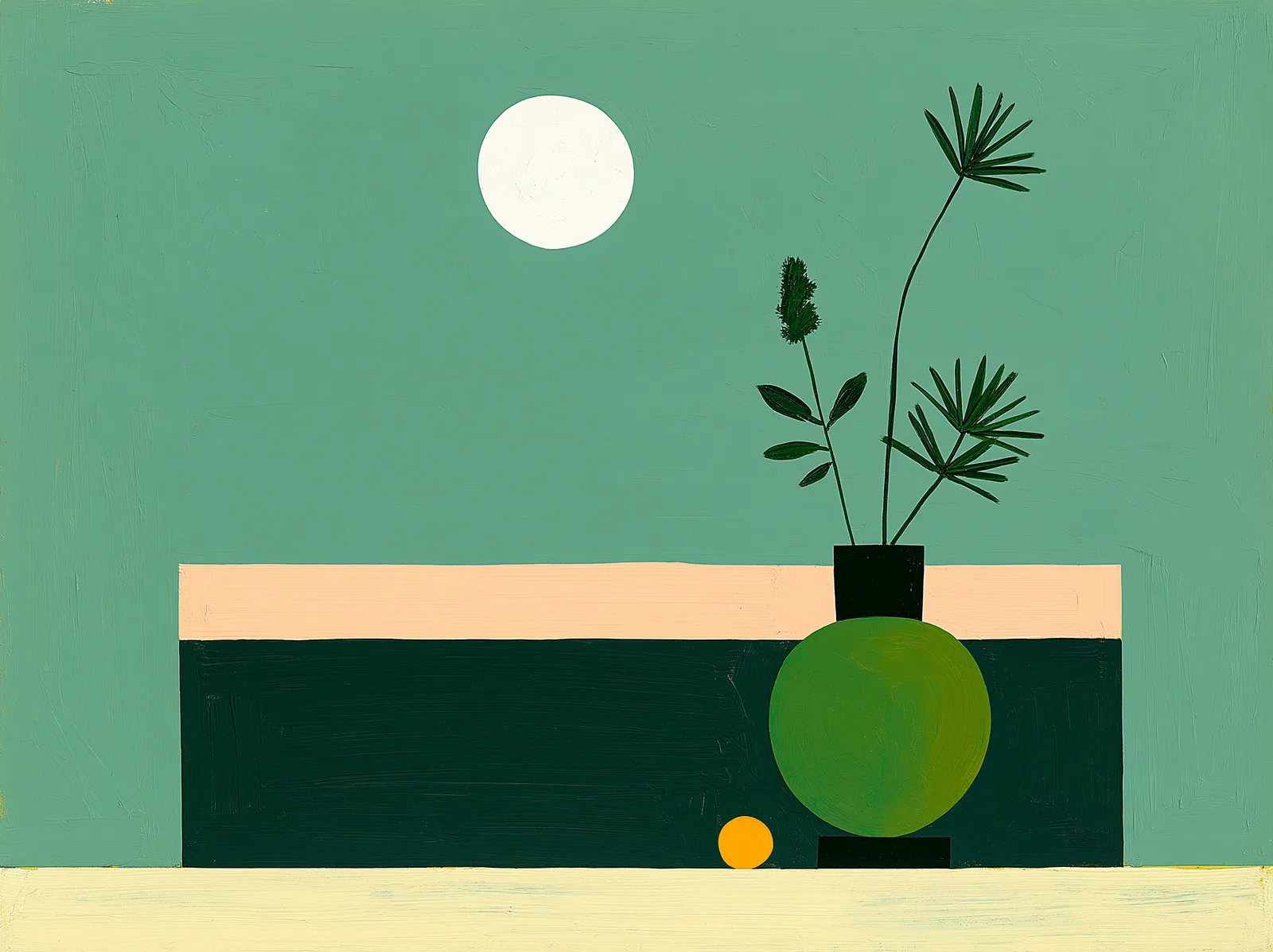 A spare green still life places dark branches and round forms beneath a quiet white moon.
