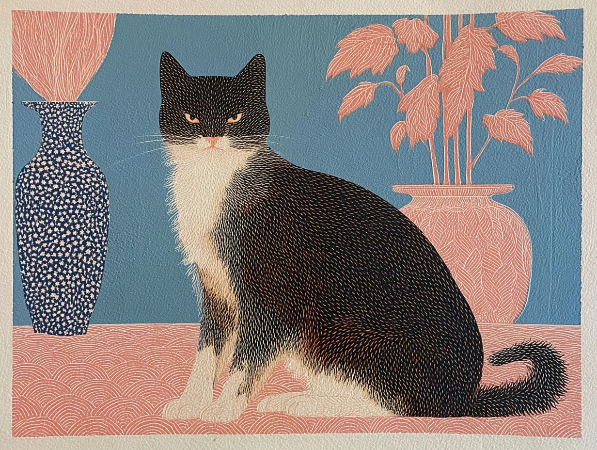 A black-and-white cat sits between patterned vases and stylized plants.