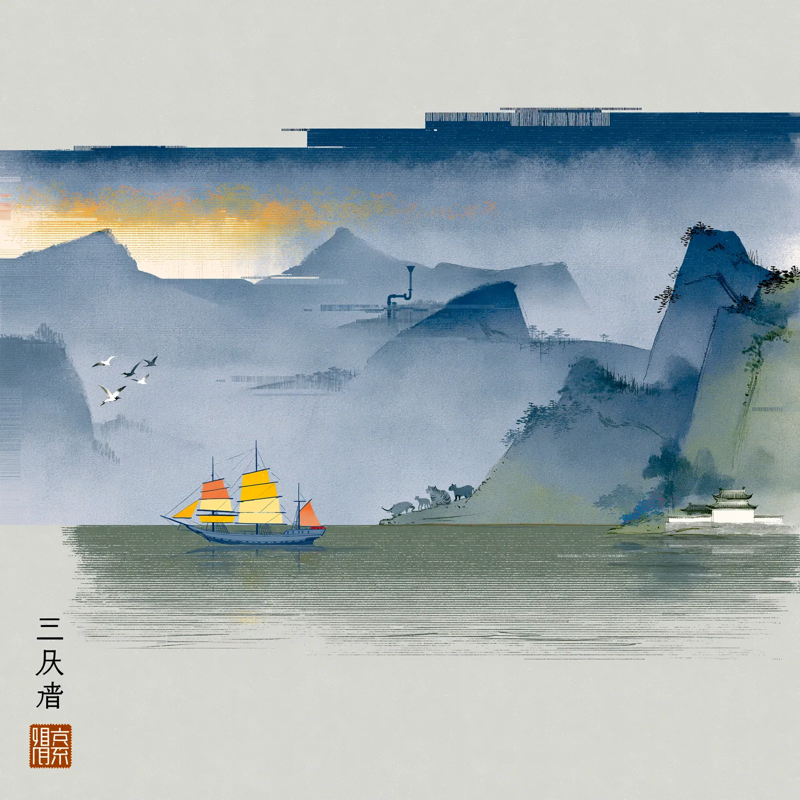 A small bright sailing ship moves below misty blue mountains while pale birds cross the open air.