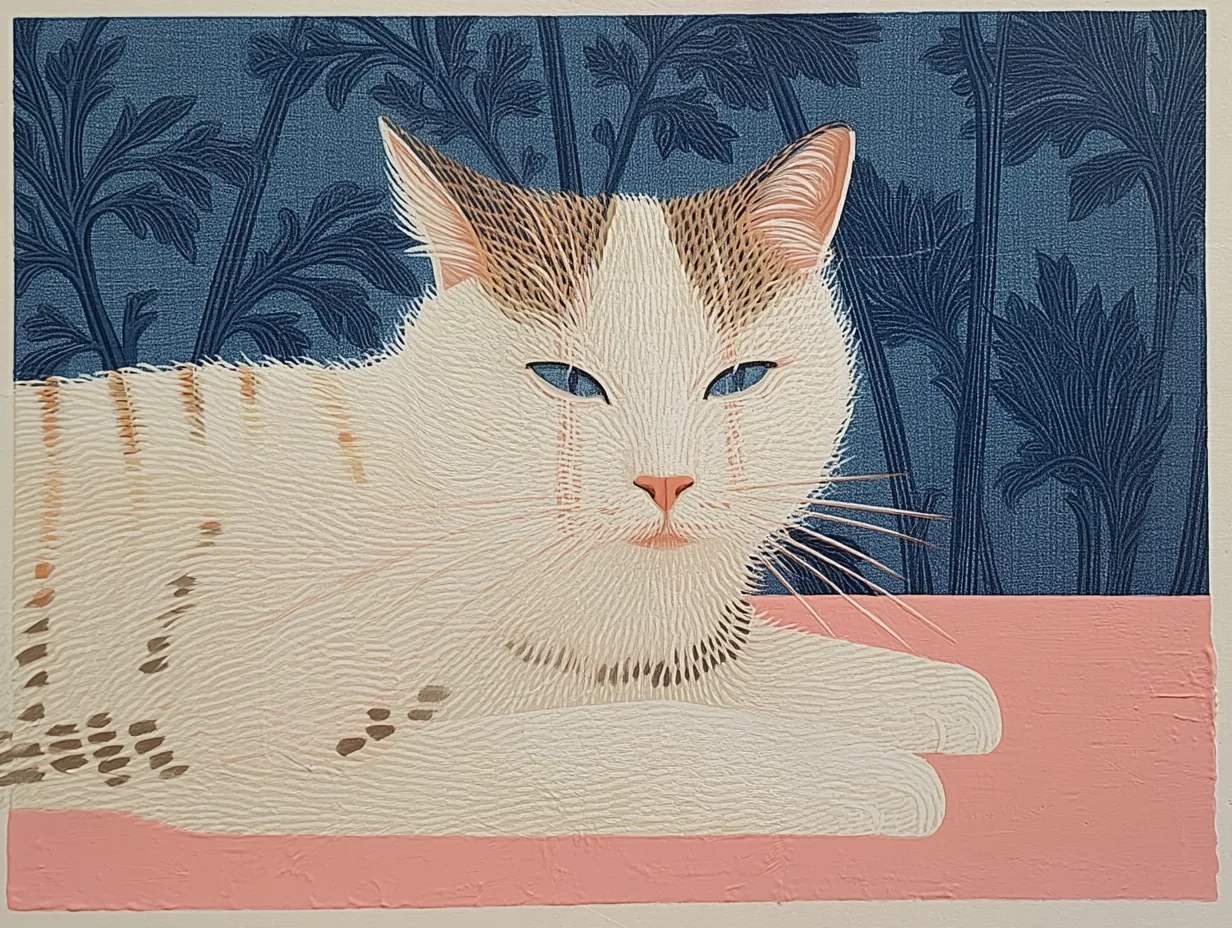 A cream cat with brown spots reclines on a coral ledge beneath dark blue trees.