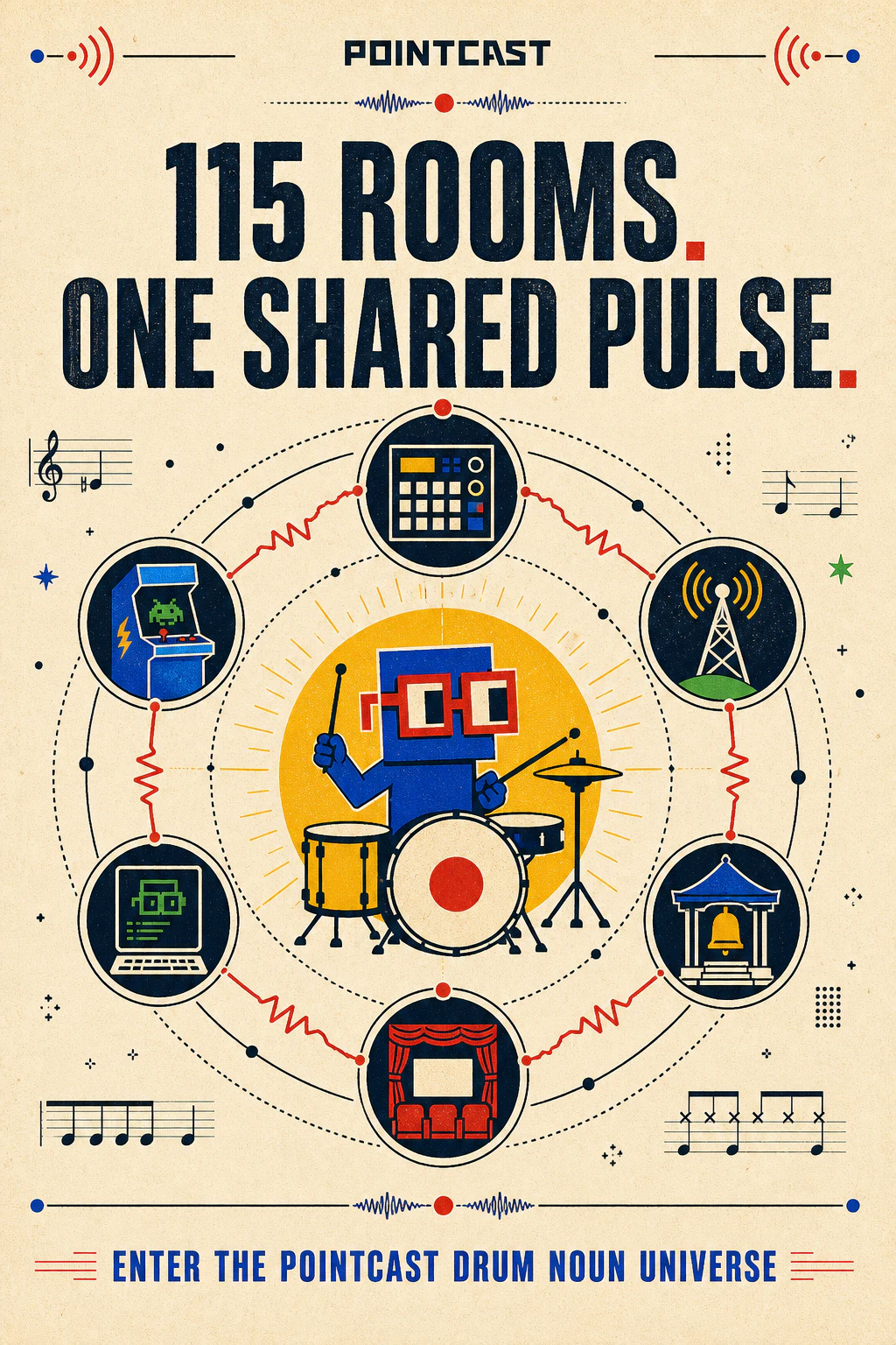 Bright illustrated Noun drummer connecting an arcade, radio tower, bell shrine, theater, and music machines