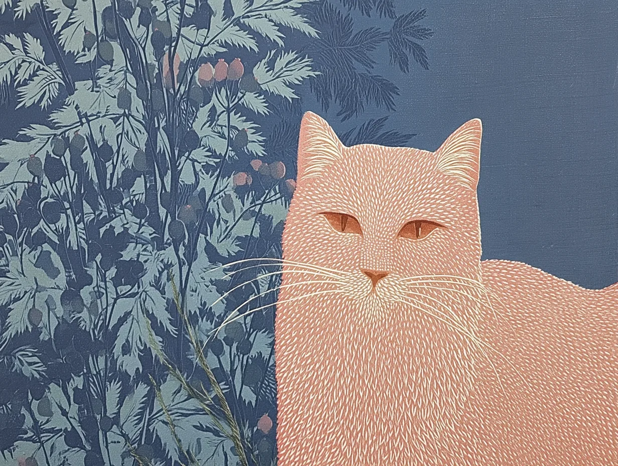 A peach-toned cat faces forward beside a blue botanical thicket.