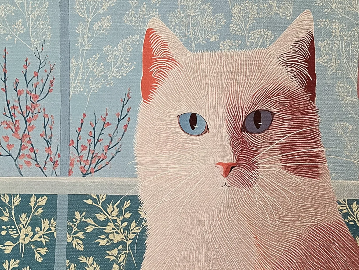 A pale cat with a dark facial patch appears against four botanical panels.