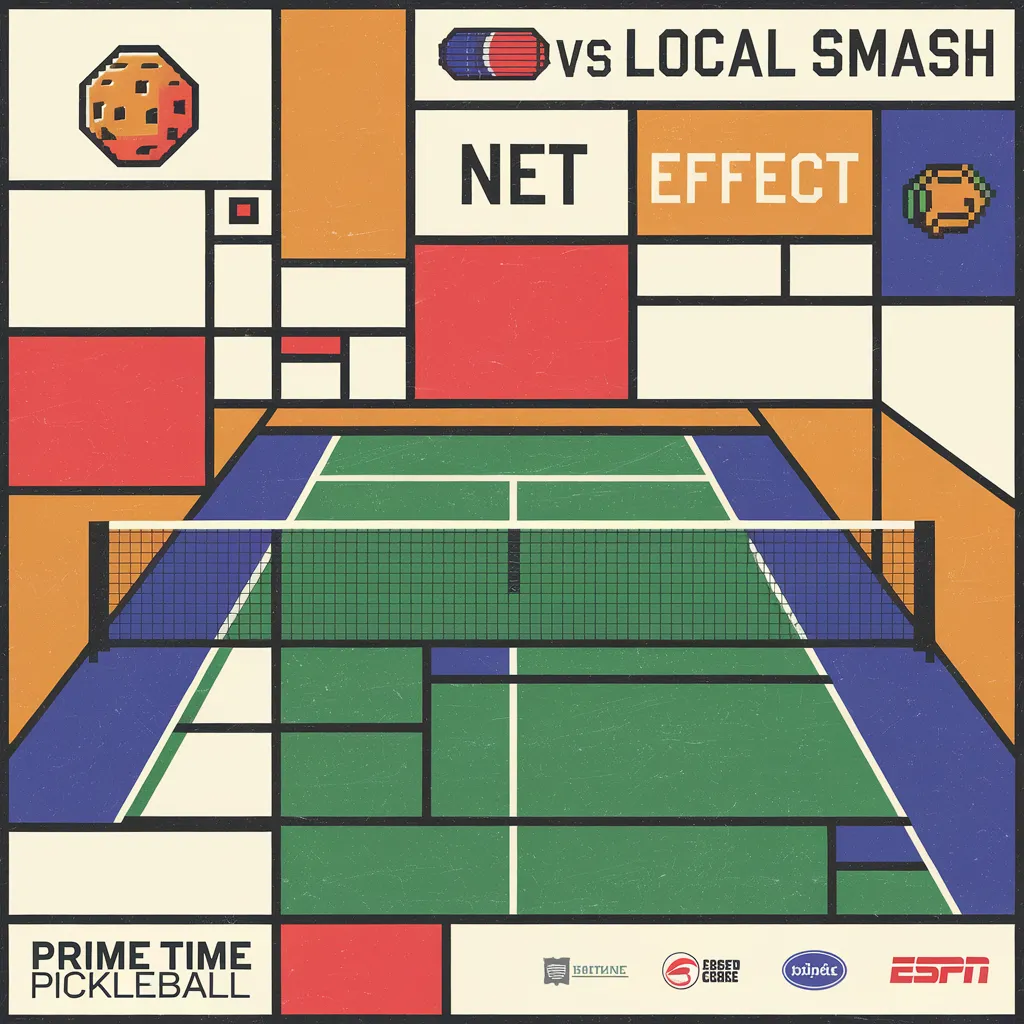 Square retro game poster showing a pickleball court inside a colorful geometric sports broadcast frame