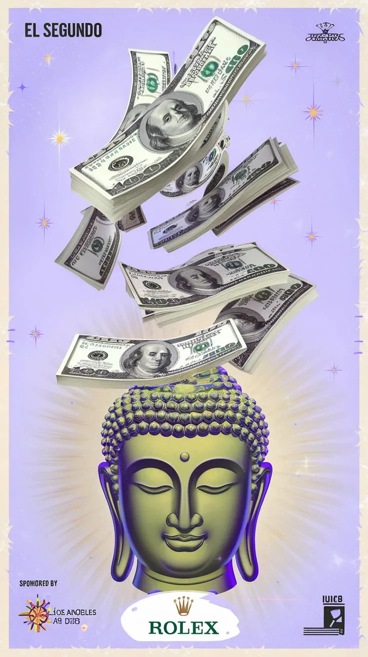 Lavender poster with floating hundred-dollar bills above a green Buddha head and faux luxury logos