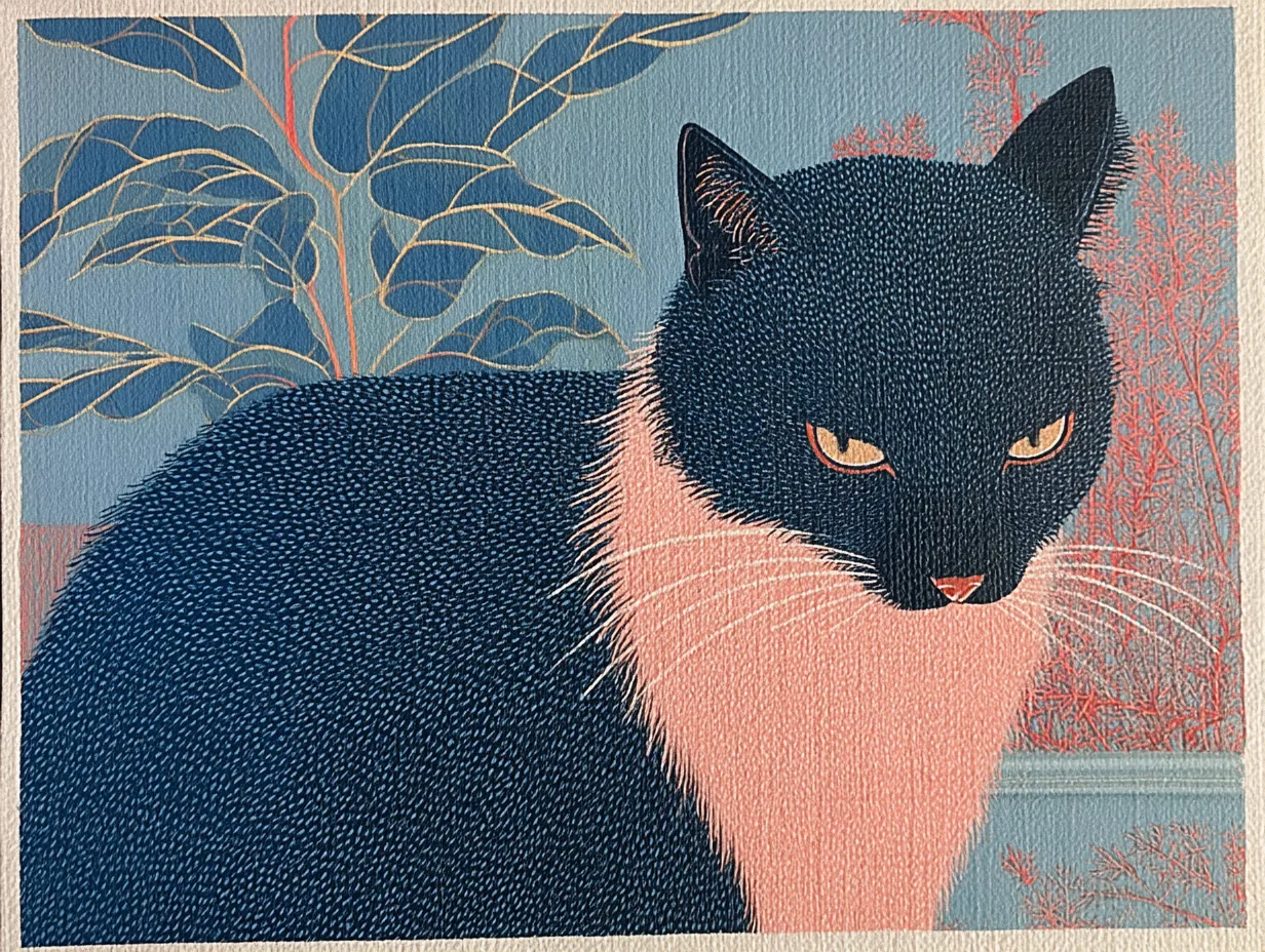 A black-and-white cat lowers its head before blue branches and coral leaves.