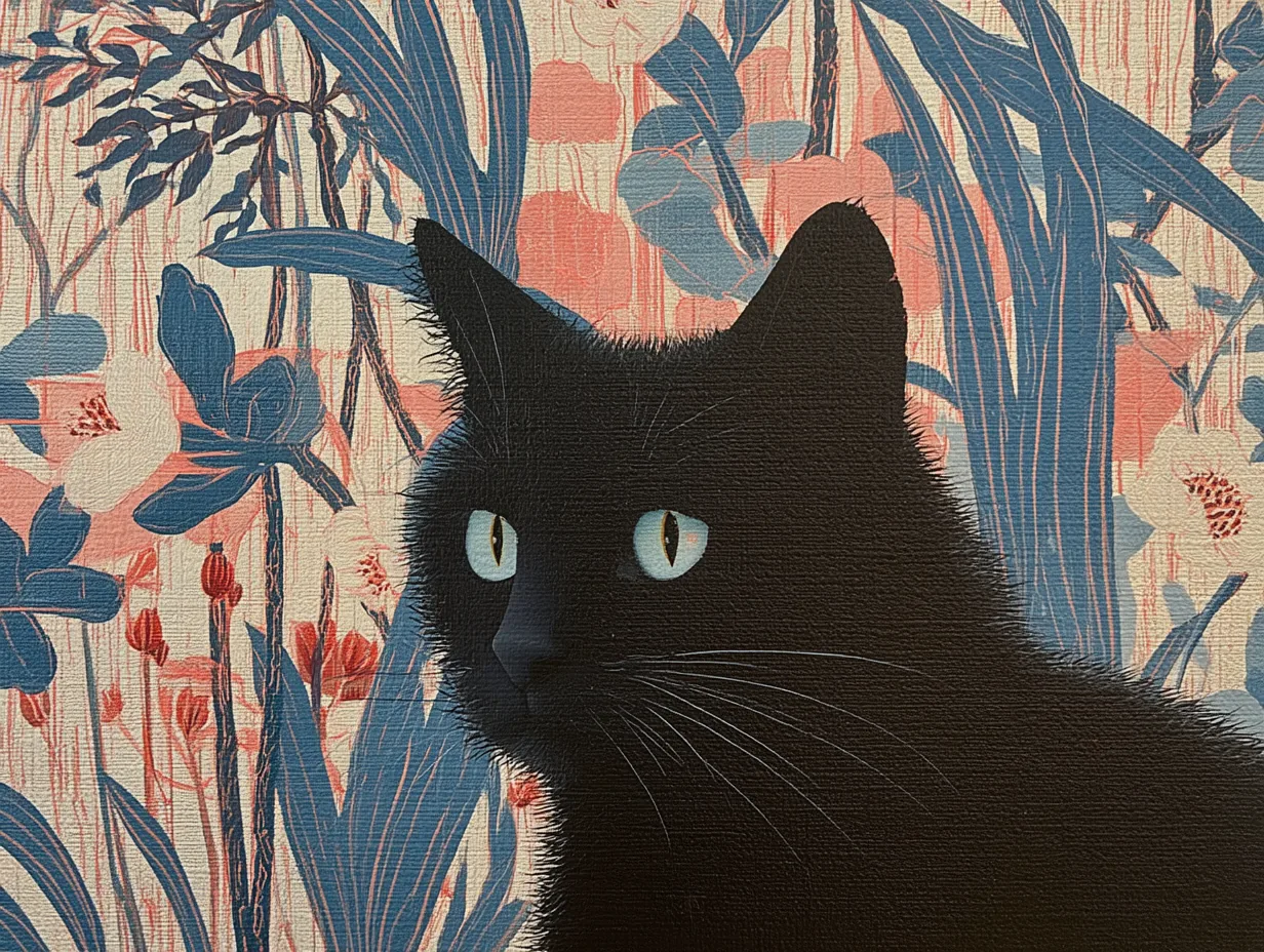 A black cat looks to the left from dense blue and coral foliage.