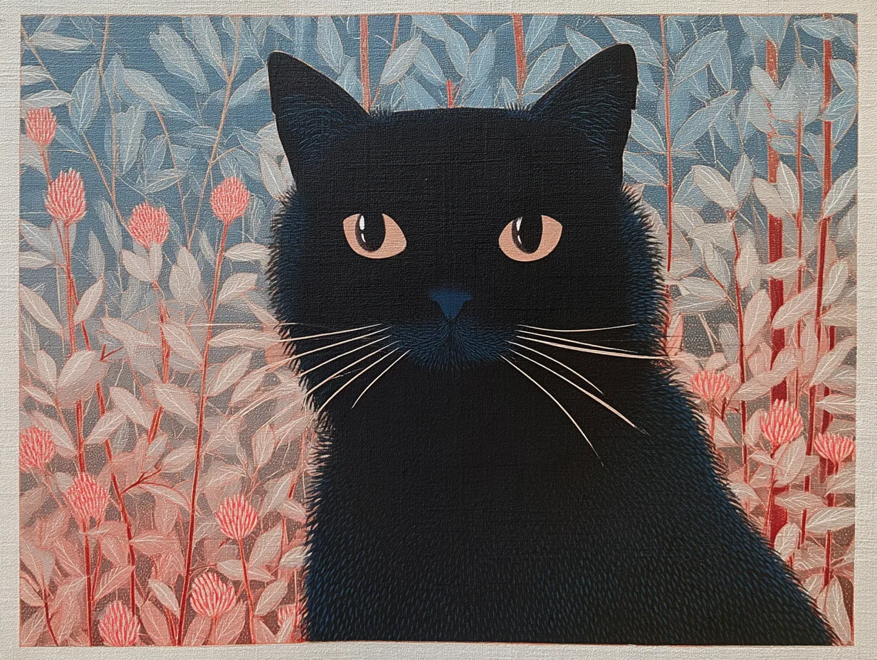 A black cat faces forward against pale blue leaves and coral flowers.
