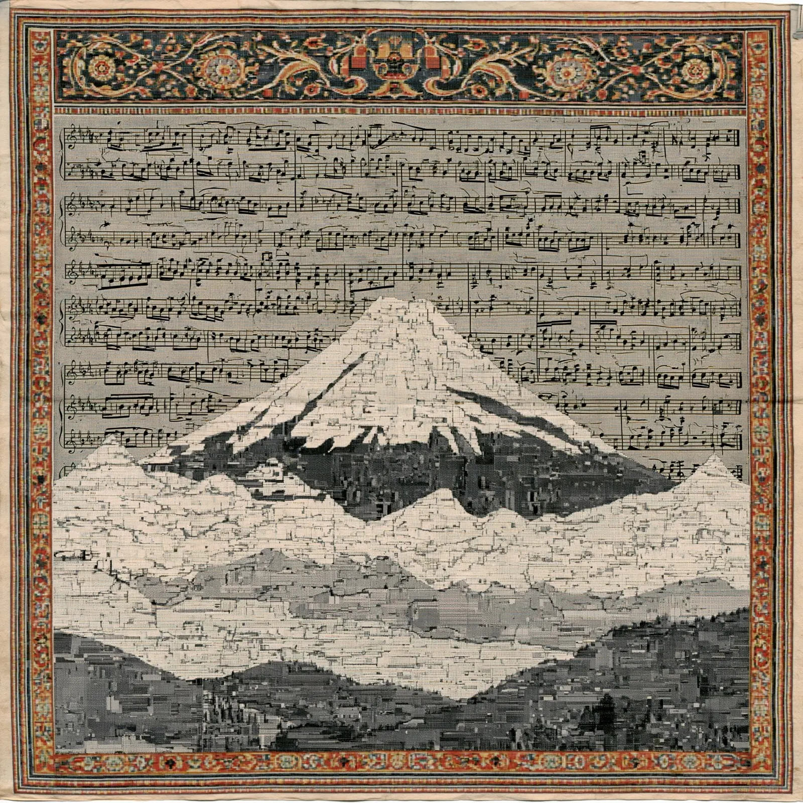 Snow-covered mountain rising through gray foothills beneath dense handwritten sheet music, all enclosed by a woven floral border.