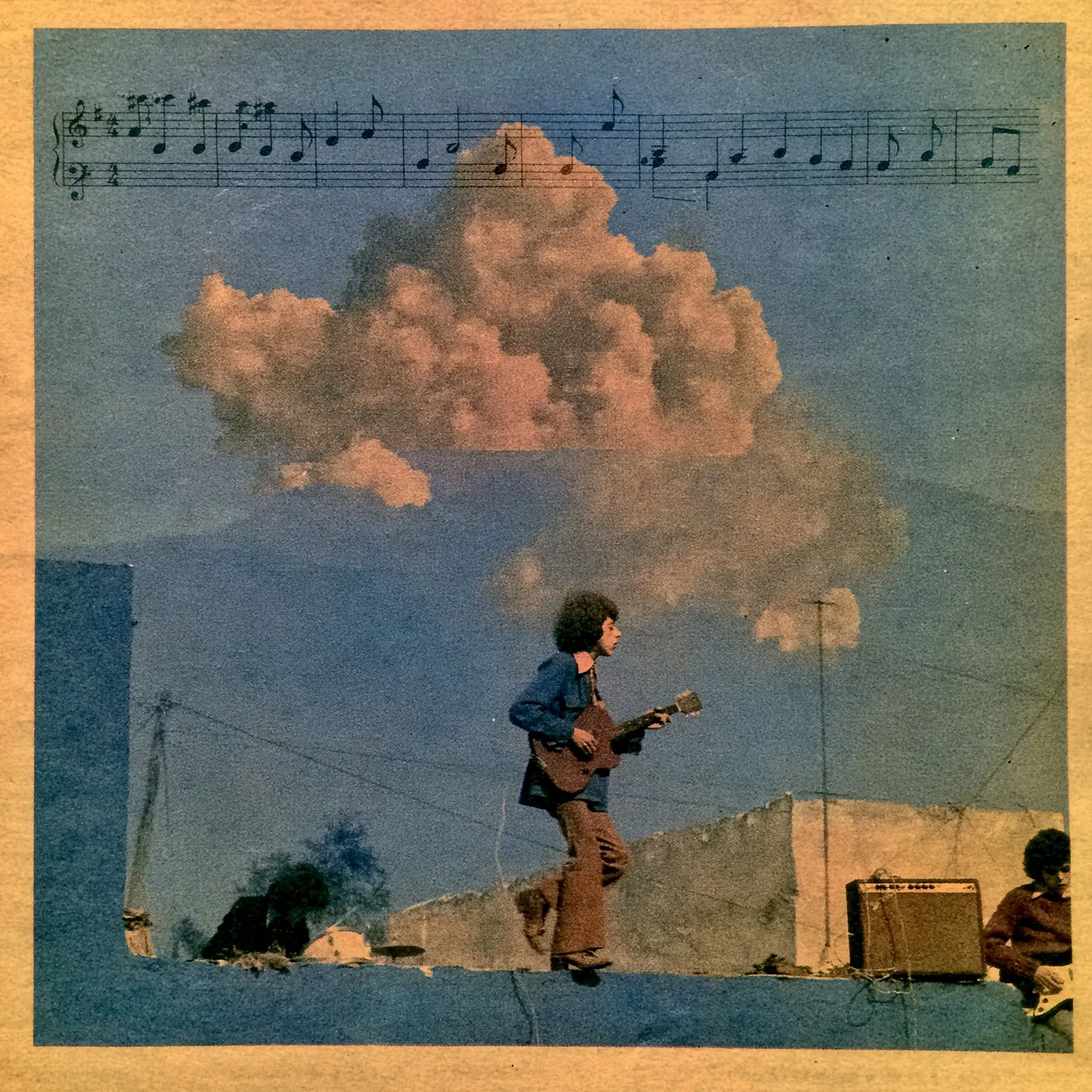 Small guitarist walking along a blue roadside beneath a towering peach cloud and a line of printed musical notes.