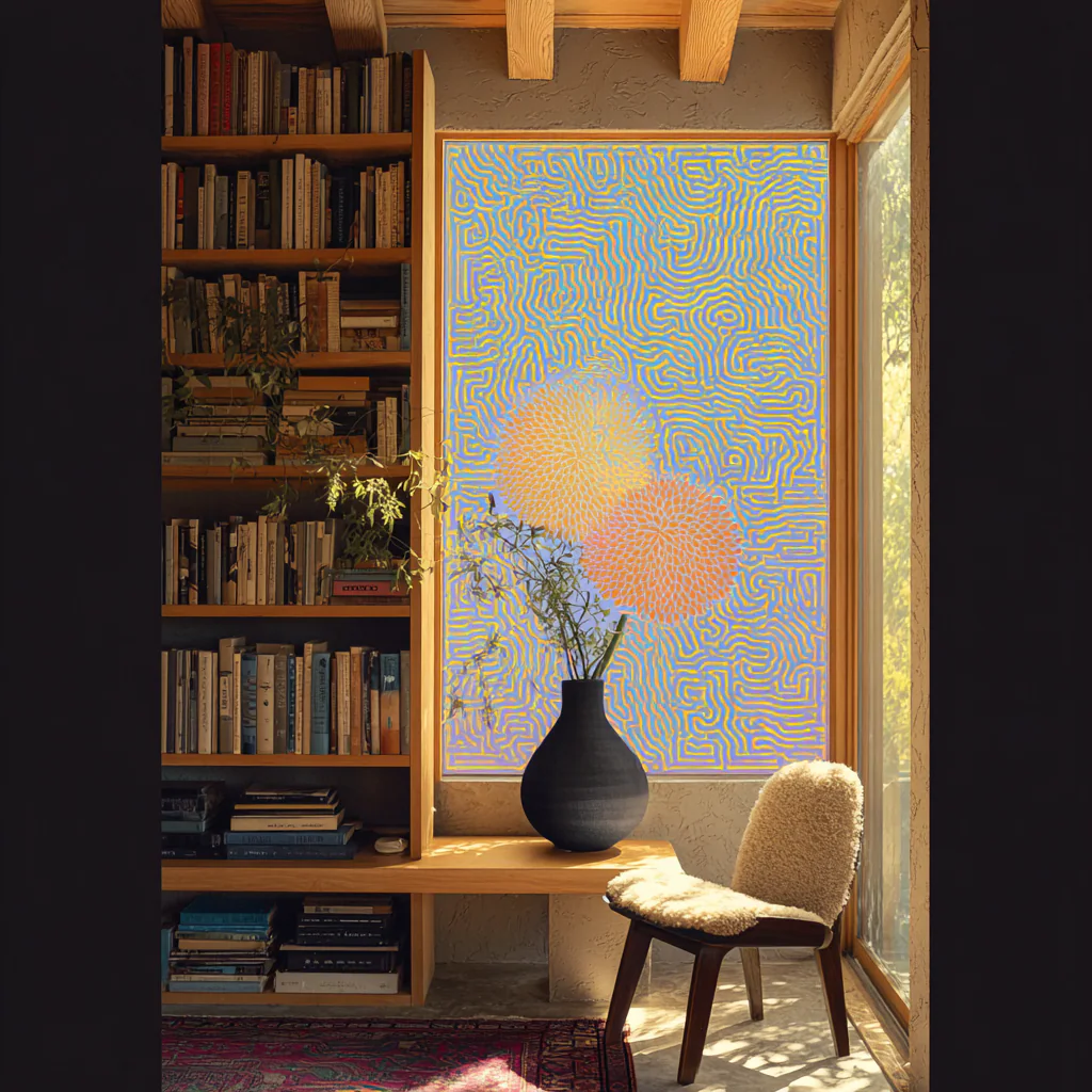 Sunlit reading room with bookshelves, a soft chair, a black vase, and a large blue-and-gold labyrinth drawing on the wall.