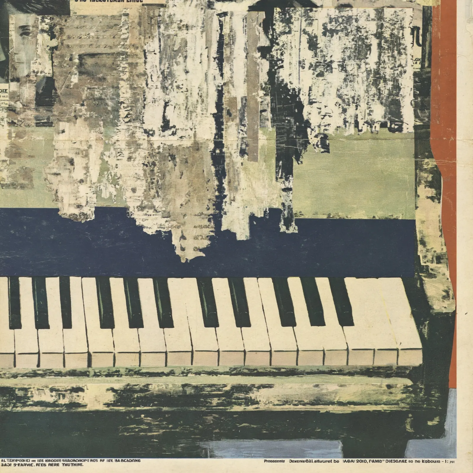 Weathered ivory, black, sage, and rust collage arranged above an oversized row of piano keys.
