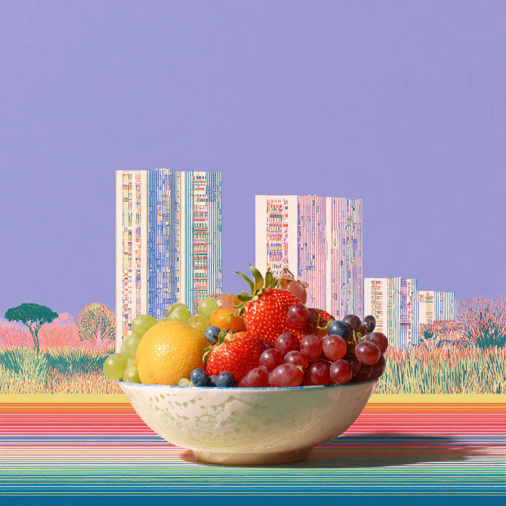 Bowl of strawberries, citrus, grapes, and blueberries before a pastel city and striped field under a lavender sky.