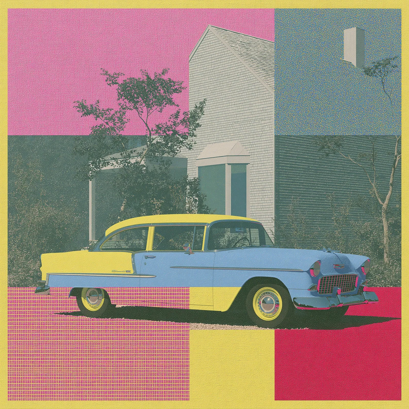 Yellow and pale blue 1955 Chevrolet against a gray house and hot-pink, ochre, and cream geometric fields.