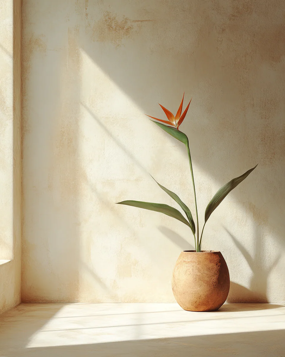 Single bird-of-paradise bloom in a clay pot, held in a broad shaft of sunlight against a pale plaster wall.