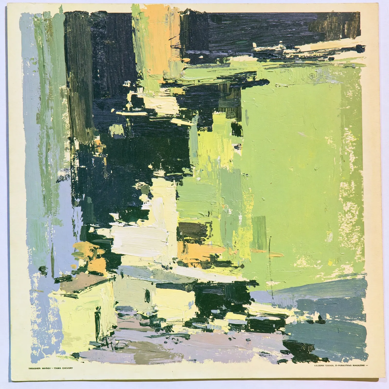 Abstract field of navy ink, luminous green, blue-gray, white, and ochre brushwork on cream paper.