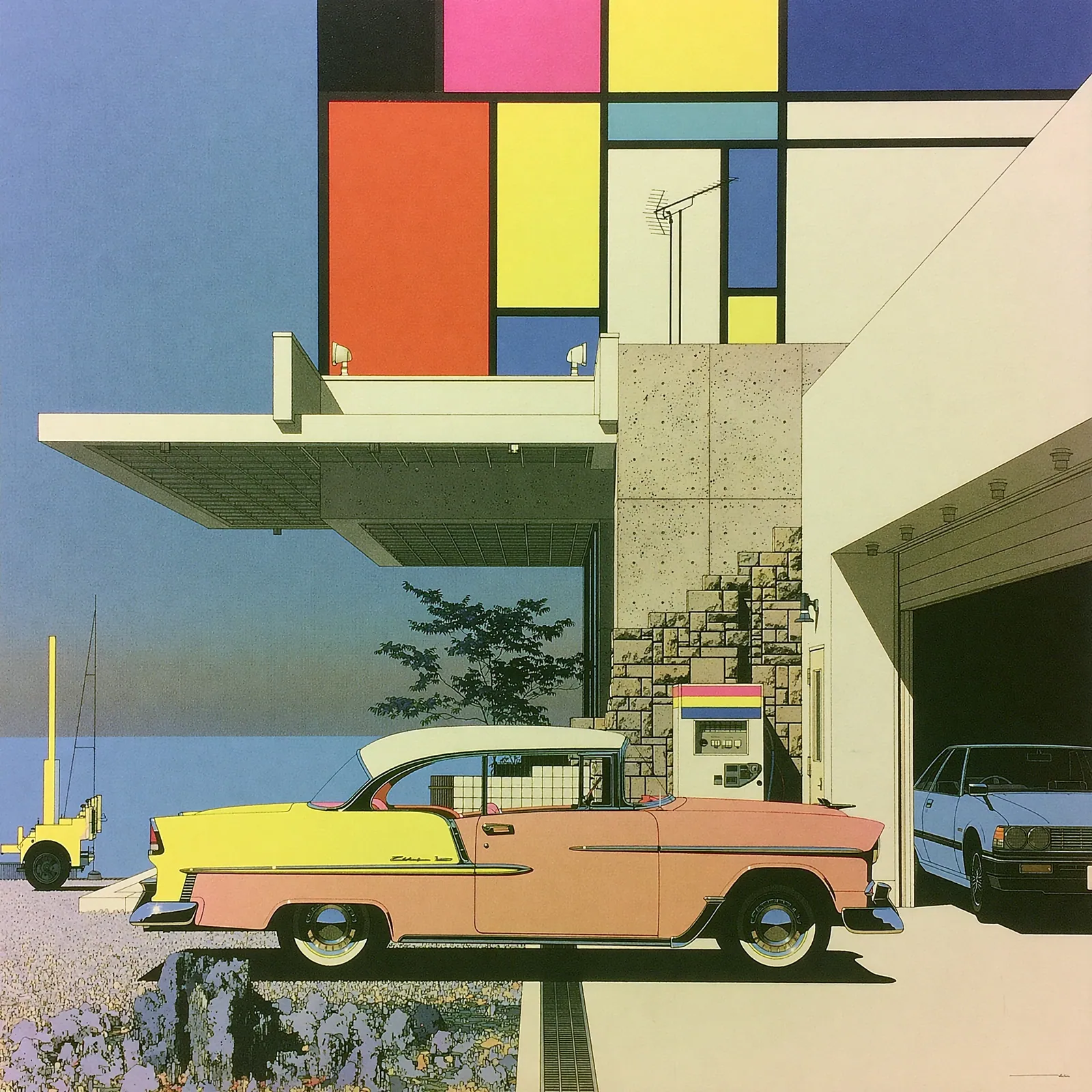 Peach and cream 1955 Chevrolet beneath a modernist house of red, yellow, blue, white, and stone planes.