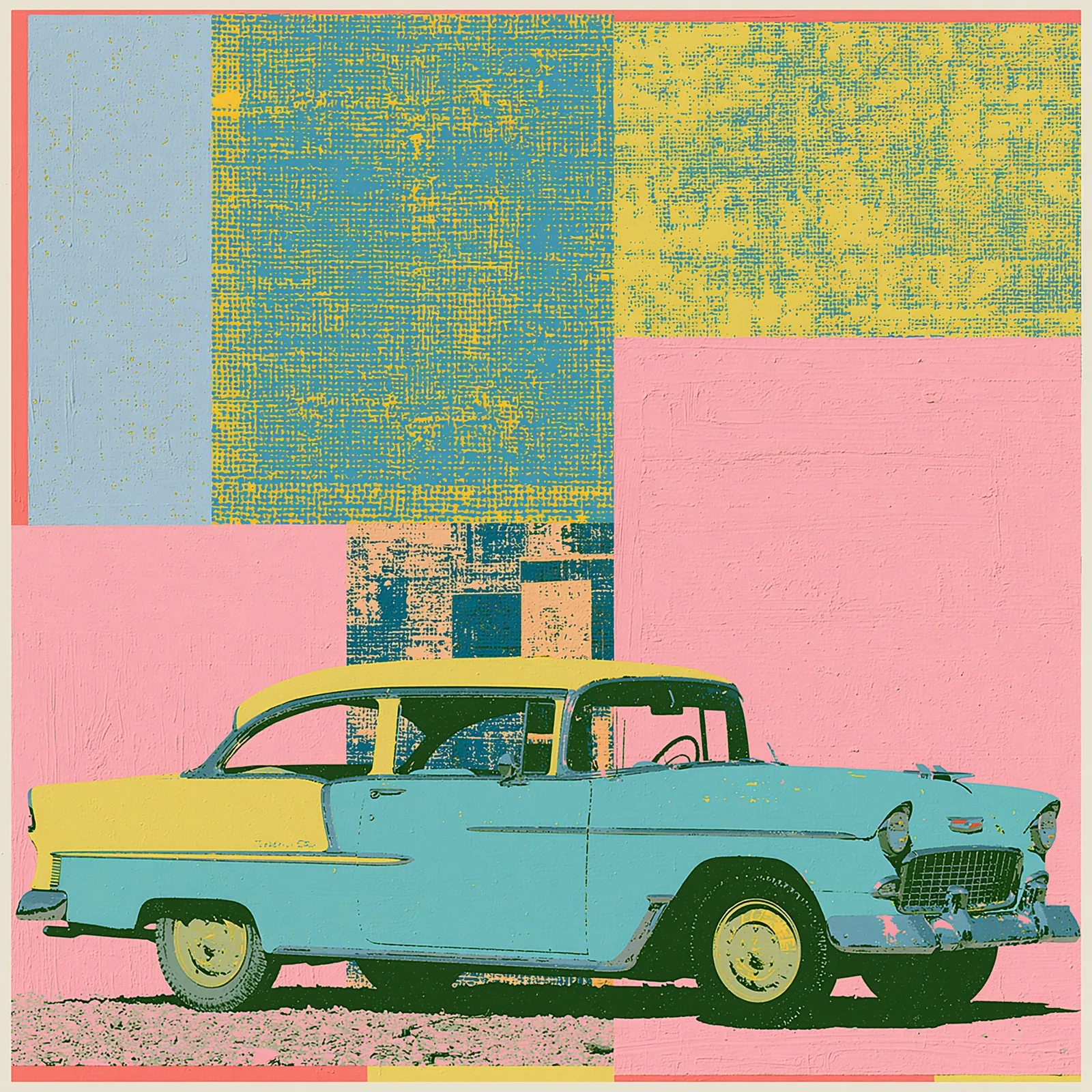 Turquoise and yellow 1955 Chevrolet before weathered cyan, gold, and pink color fields.
