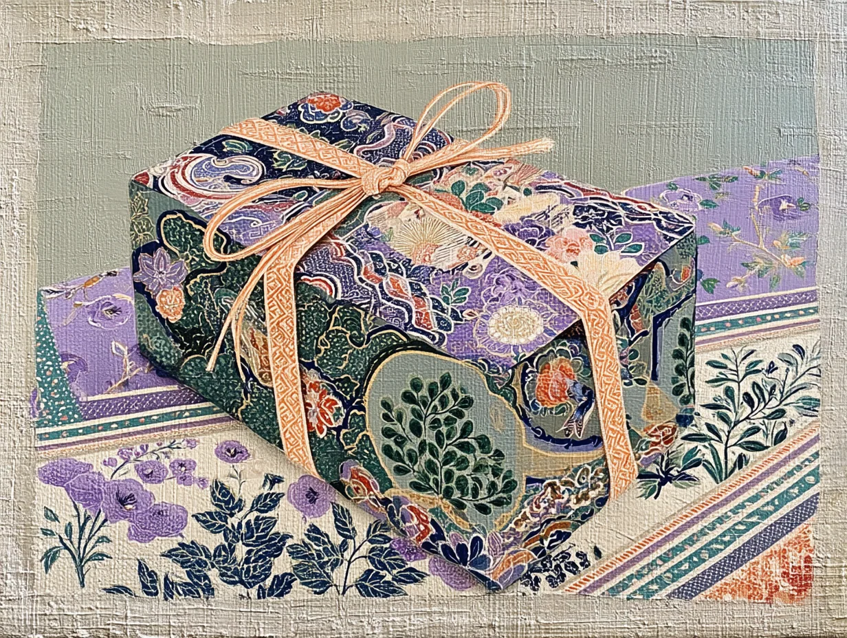 Patterned cloth gift box tied with a pale gold ribbon and resting on layered floral textiles.