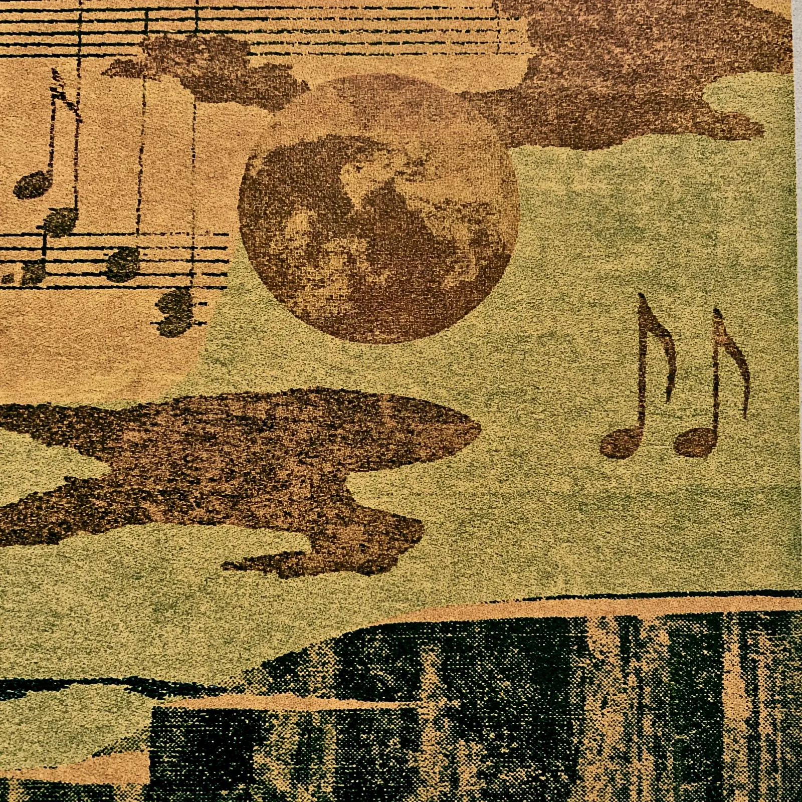Ochre and muted-green halftone landscape with dark hills, a round textured moon, and musical notes crossing the sky.