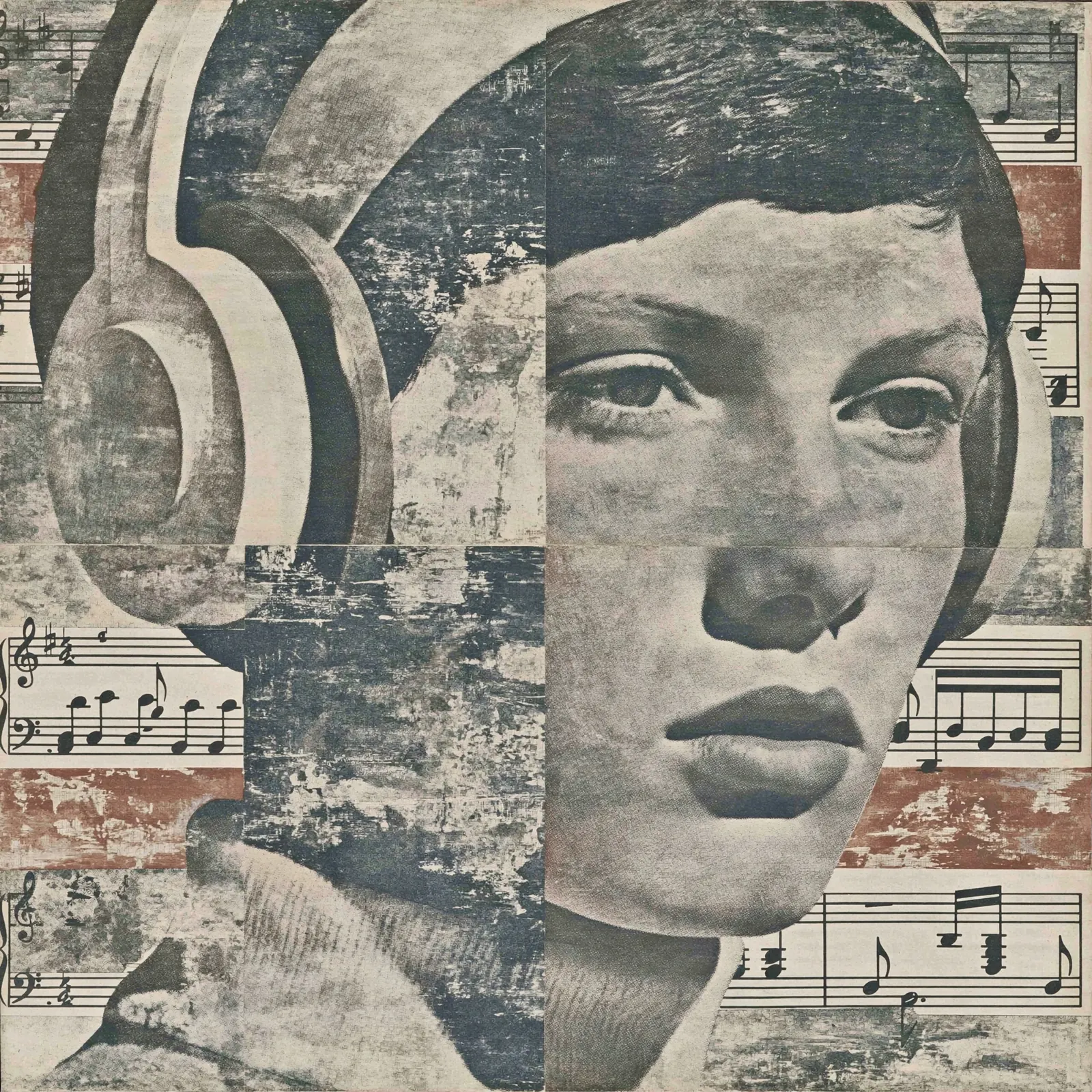 Grainy monochrome portrait of a woman beside a large looping headphone form, layered over fragments of musical staves.