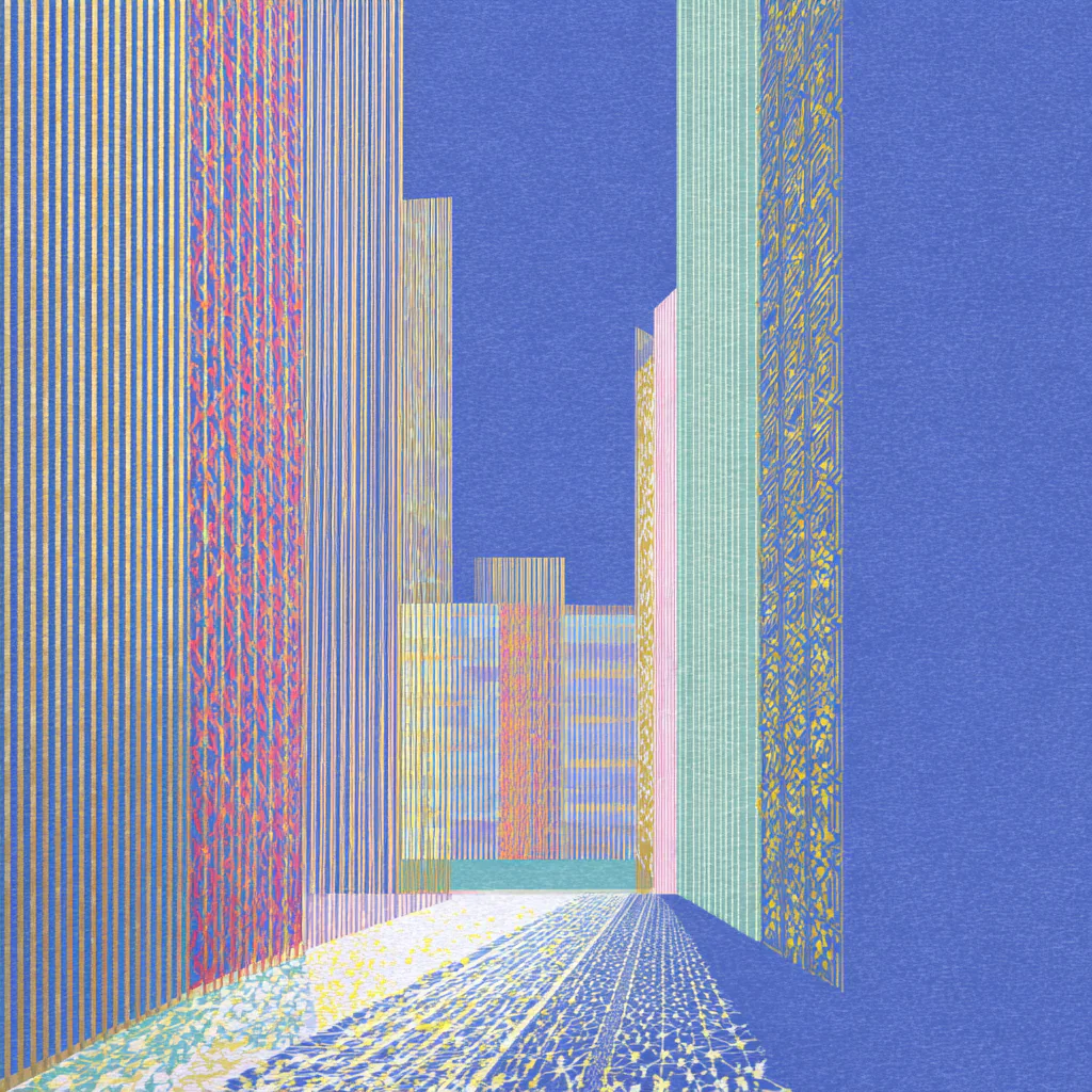 Abstract blue city passage built from fine vertical stripes in gold, coral, mint, and pink.