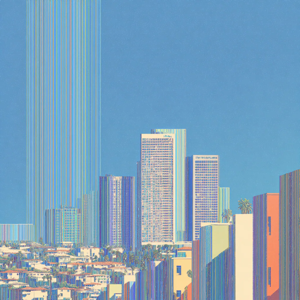 Los Angeles skyline rendered in fine vertical blue, cream, coral, and green stripes beneath a clear blue sky.